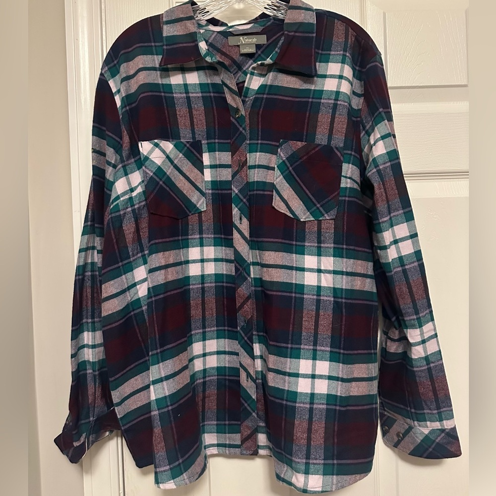 Natural Reflections Women's Plaid Button Down Shirt - purple & green